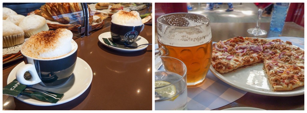 Cappuccino, beer, and pizza in the gothic quarter of Barcelona, Spain