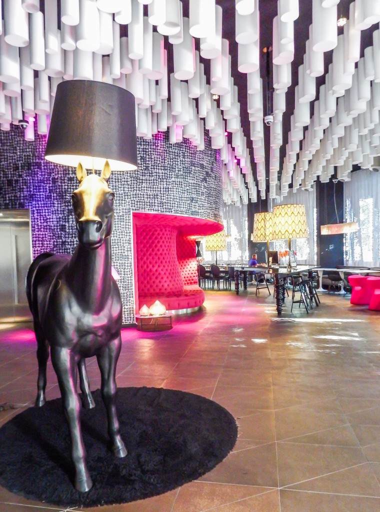 The horse lamp in the lobby of the Barcelo Raval hotel in Barcelona, Spain