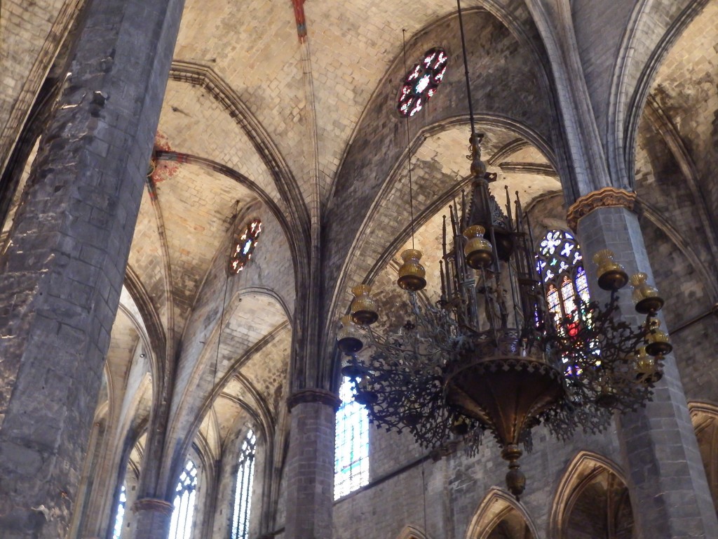 The chandelier inside the church of Santa Maria del Mar in Barcelona, Spain