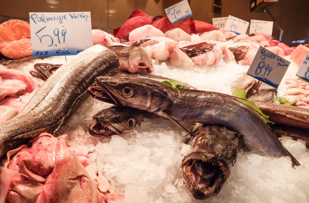 Fish on display at La Boqueria Market in Barcelona, Spain