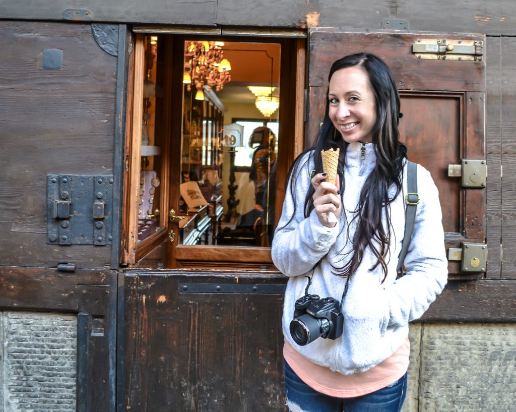 Enjoying some gelato on Ponte Vecchio during 2 days in Florence, Italy