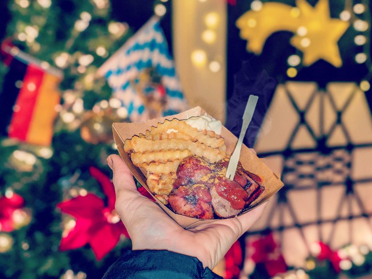 German Christmas market foods and drinks you can enjoy at home (with recipes) | Things like currywurst, schneeballen, stollen, flammkuchen, mushrooms, waffles, potato pancakes, almonds, and more!