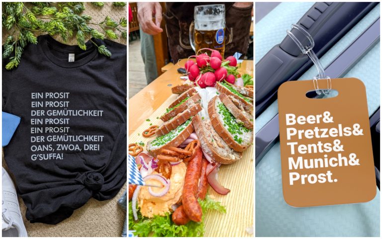 Triple image of T-shirt with Ein Prosit lyrics, a brotzeit, and a brown oktoberfest luggage tag