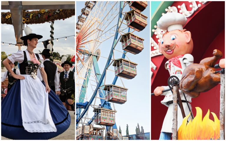 3-part image with oktoberfest dancer, ferris wheel, and fake oktoberfest chef