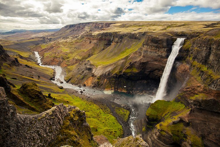 tall waterfall, river, valley, blue sky