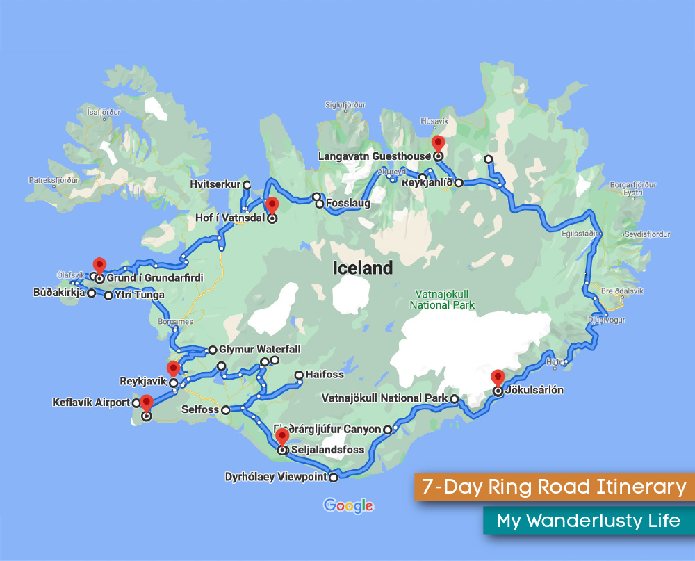 Iceland Itinerary 7 Days Ring Road Map Entire Route 