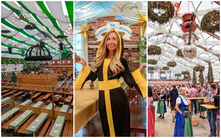 three photos: inside oktoberfest beer tent with green and white banners, me in a monk uniform, angel hanging above people in a beer tent