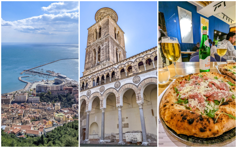 three images: overhead view of city and ocean, church bell tower, table with pizza and beer