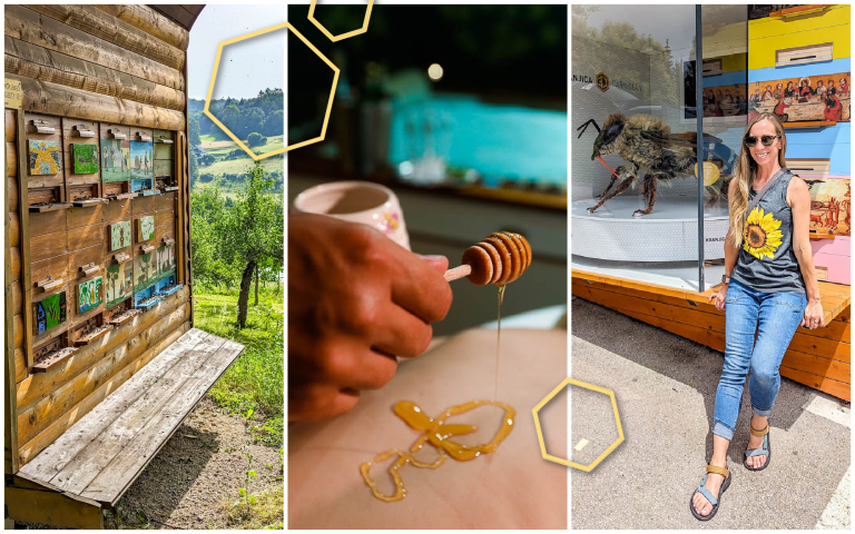 Triple image of beehives, drizzling honey on a person, and a women next to a giant honeybee