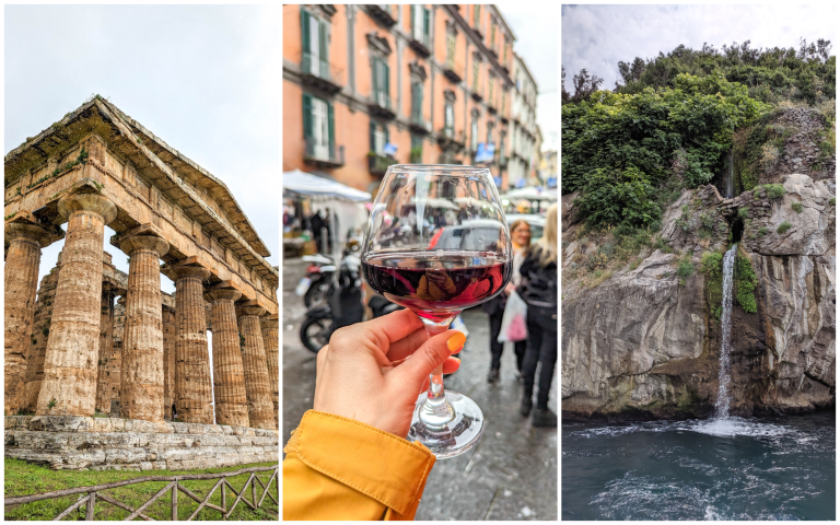 three pictures in one - an ancient greek temple, a hand holding a glass of red wine, and a small waterfall into the ocean