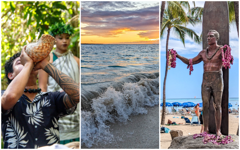 three-part image of a man blowing into a seashell, some ocean waves at sunrise, and statue of a surfer